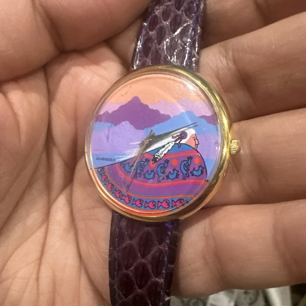 VTG Karaberis Art Watch Kokopelli Southwest Spirit Purple Python Snake Band RUNS